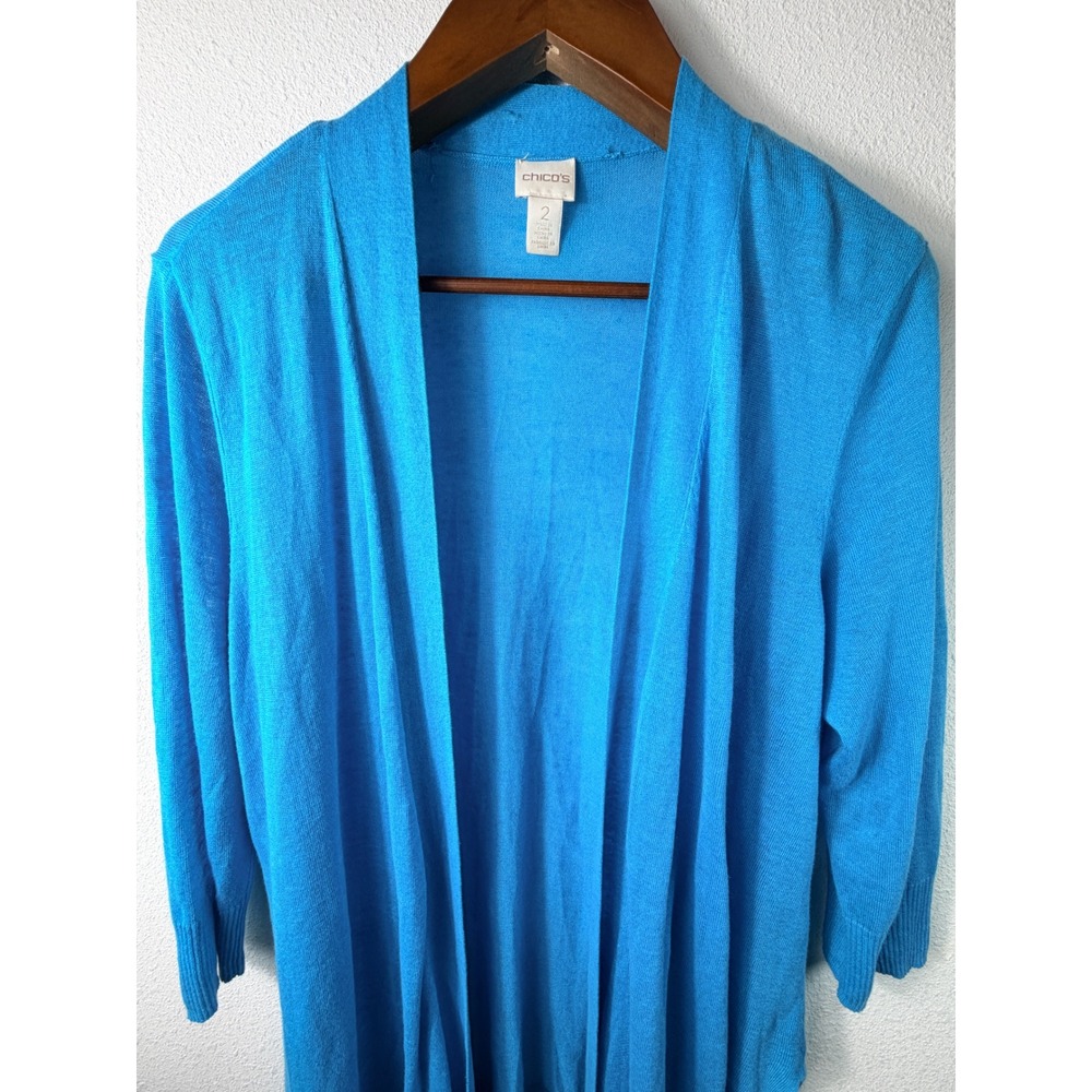 Chico's Summer Romance Women Cardigan Blue Sz 2 Open Front 3/4 Sleeve Sweater